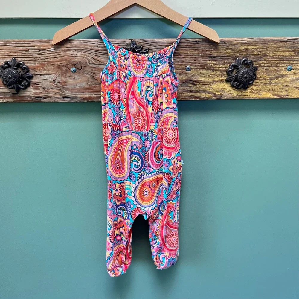 Posh Peanut Kids Paisley Floral Smocked Sleeveless‎ Romper Multi-Color 6-12M